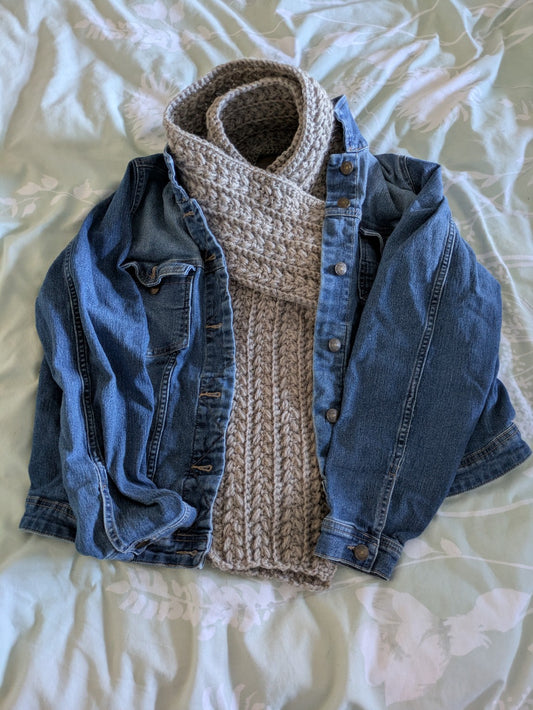 Chunky crochet scarf styled with denim jacket