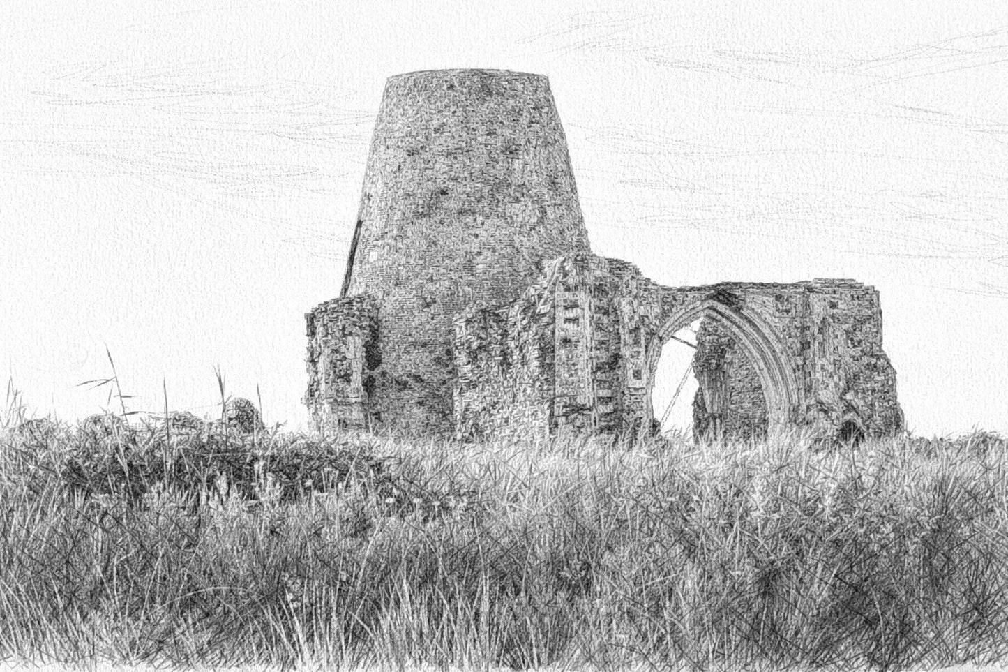 Black and white sketch version of St Bennet's Abbey Norfolk