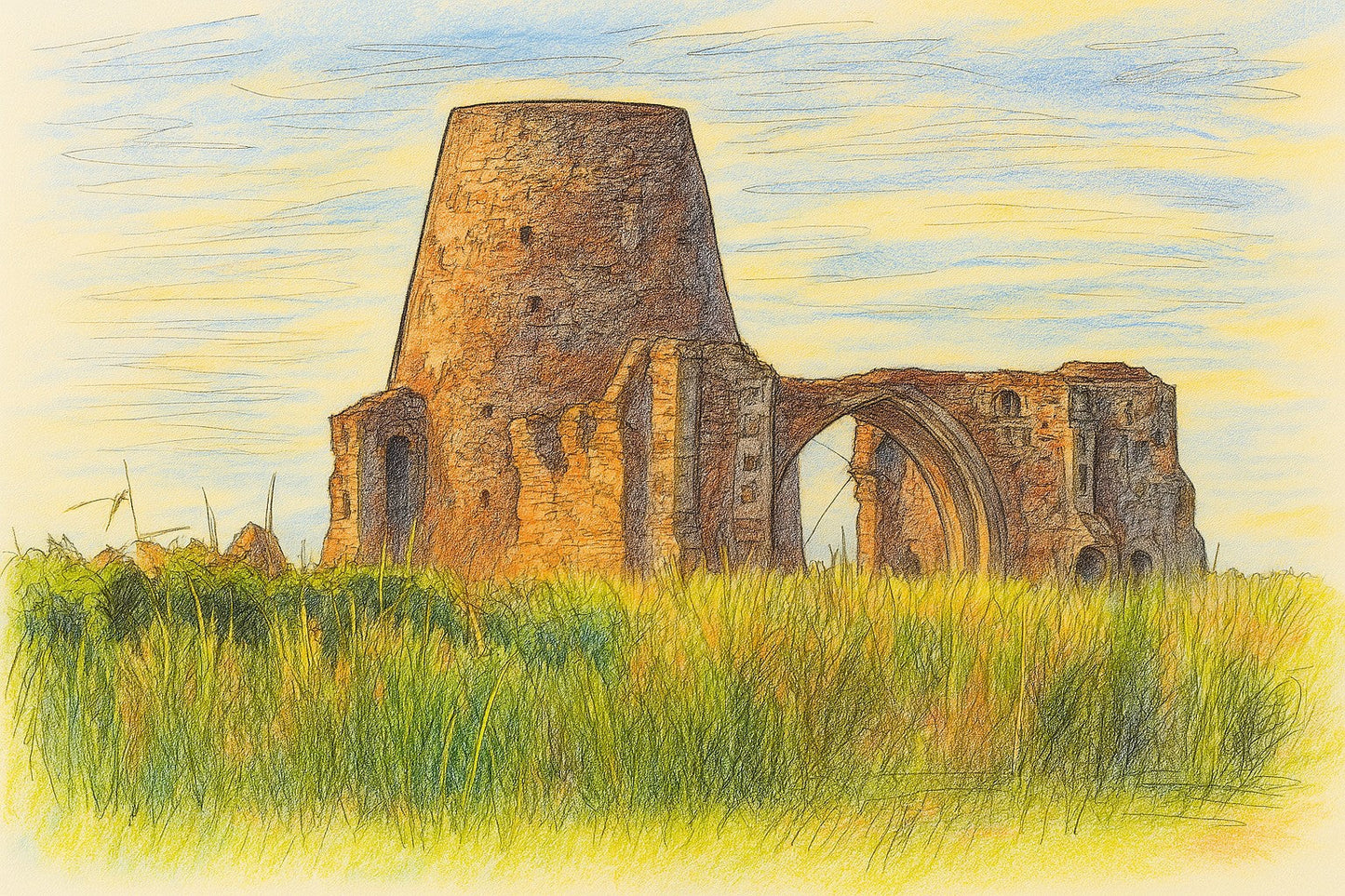 Colour sketch artwork version of St Bennet's Abbey Norfolk